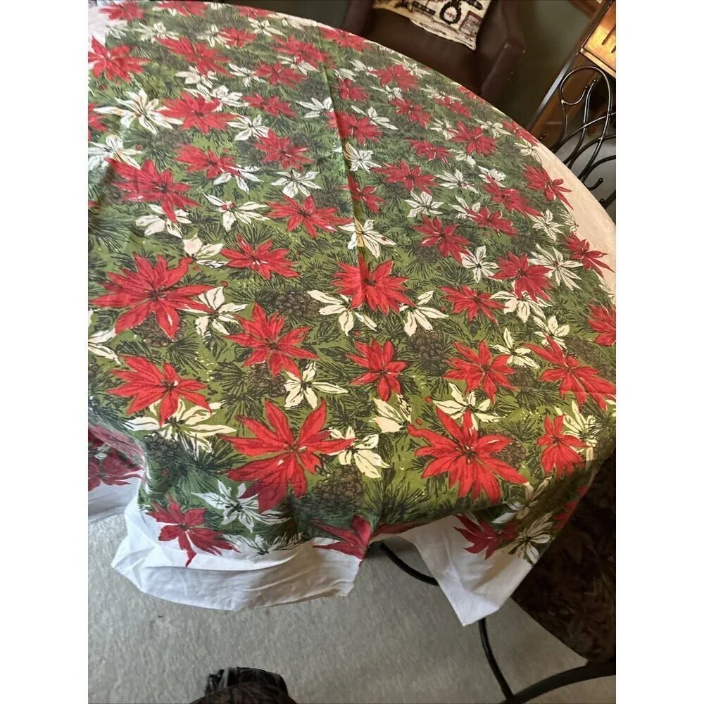 Vintage Poinsettia Cotton Tablecloth 62 X 49 Red Green & White Holiday Christmas